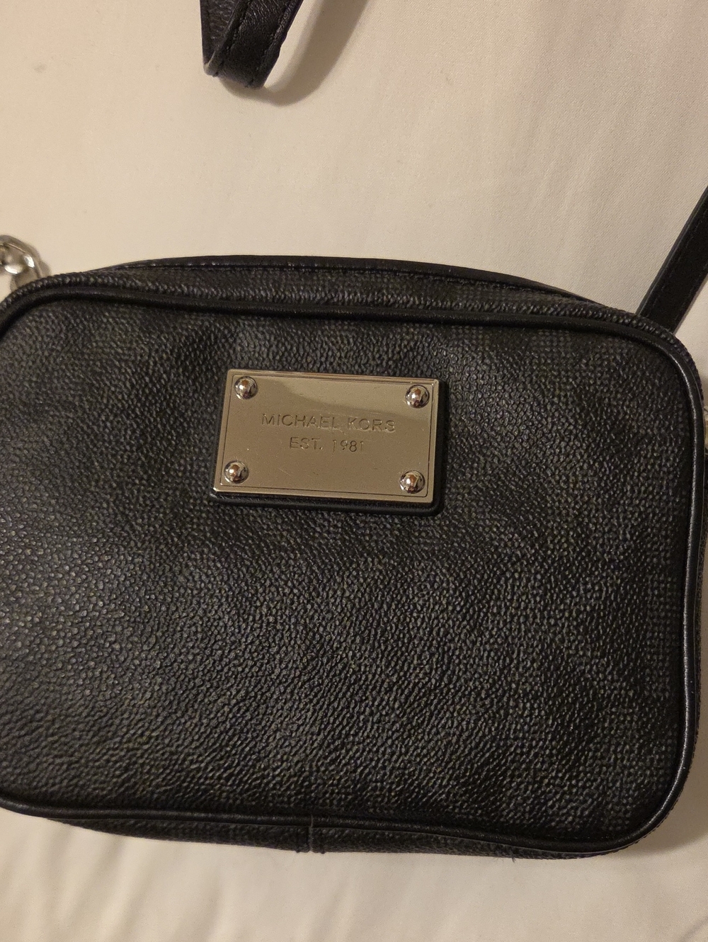 Michael Kors Black Pebbled Leather Camera Crossbody with Silver Plaque